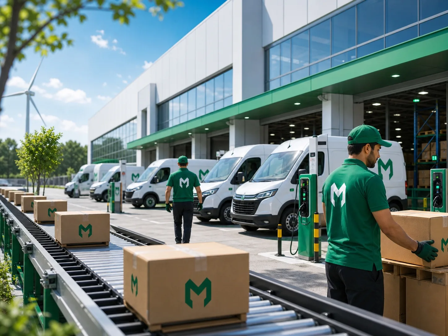 Fleet manager reviewing delivery operations beside white and emerald delivery trucks