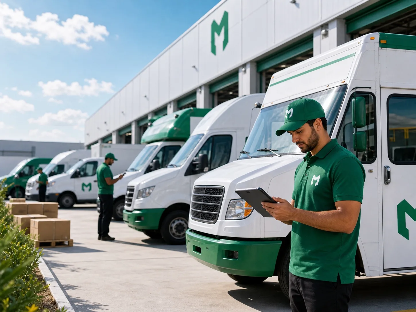 Modern logistics campus with emerald-accented vans, parcel conveyors, and warehouse workers