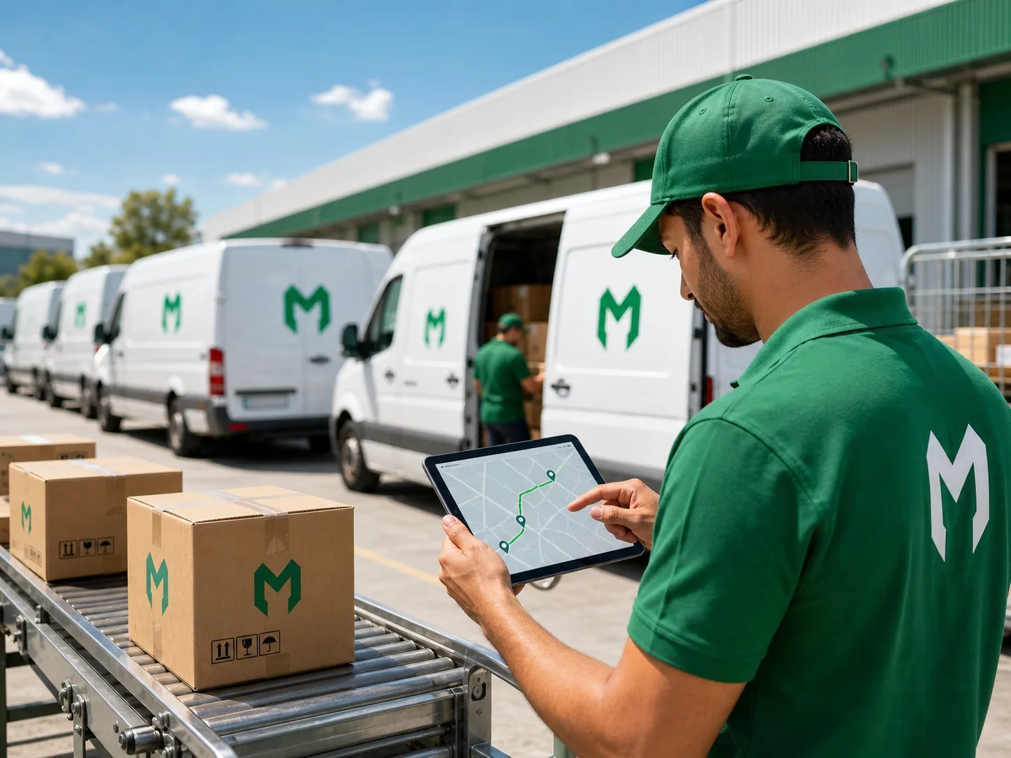 Courier reviewing an optimized delivery route on a tablet beside branded parcels and vans