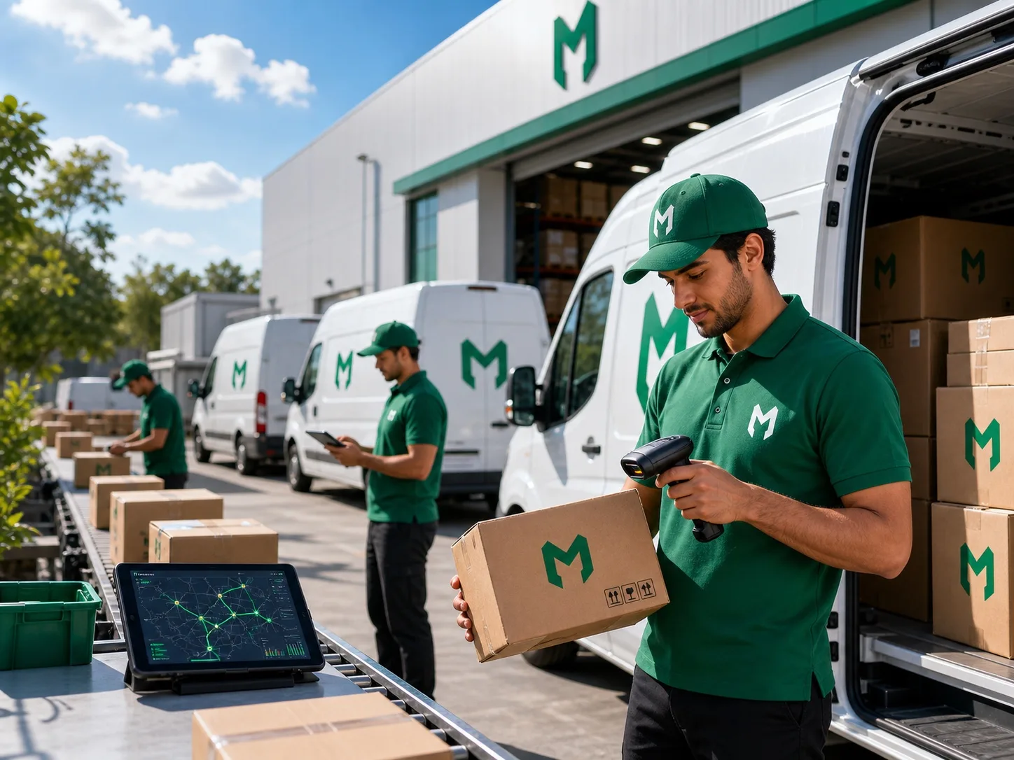 Supply chain analyst monitoring emerald analytics dashboards with warehouse automation in the background