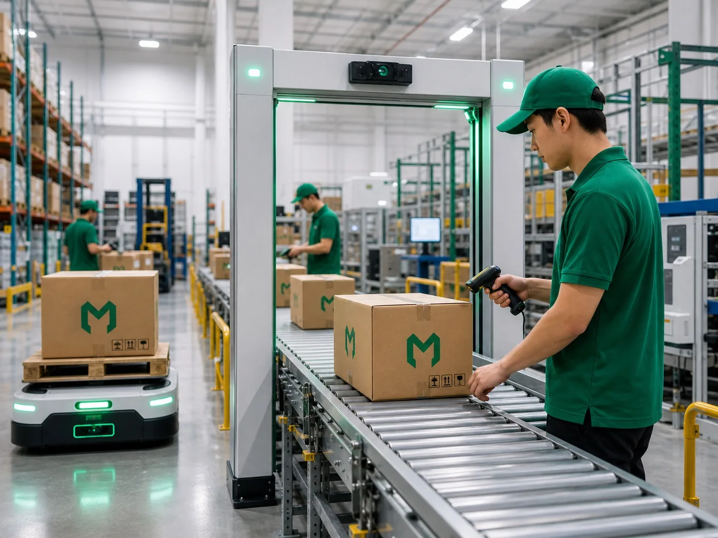 Warehouse worker scanning parcels on an automated conveyor with emerald status lights