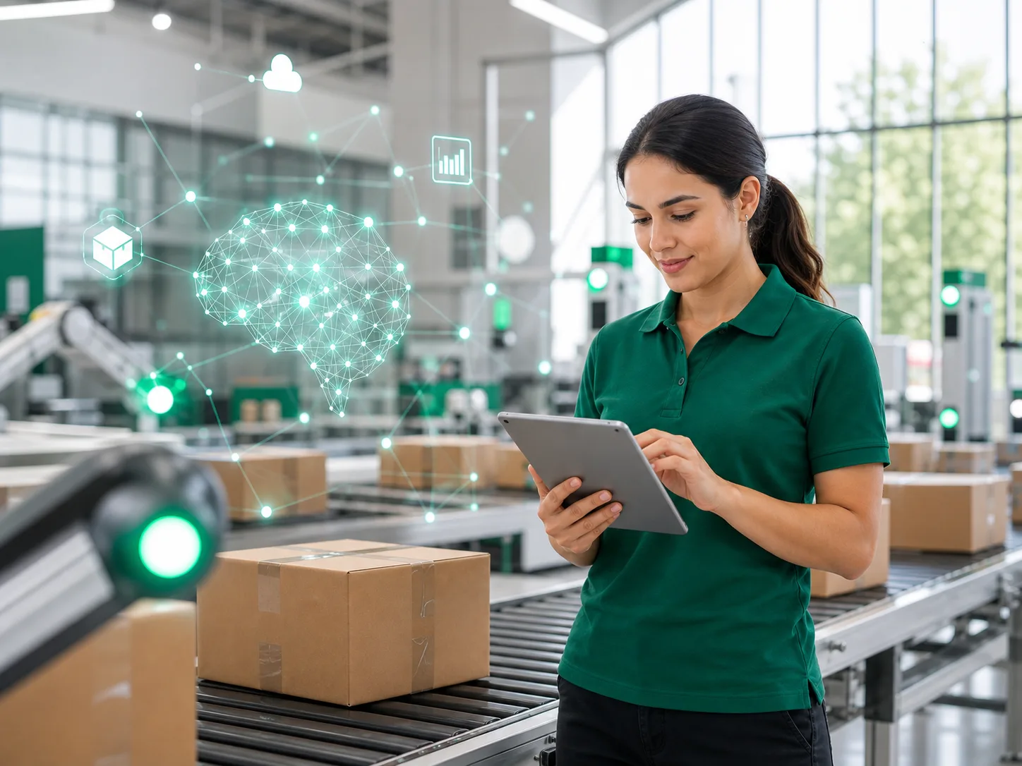 Operations analyst reviewing AI logistics insights in a bright warehouse hub