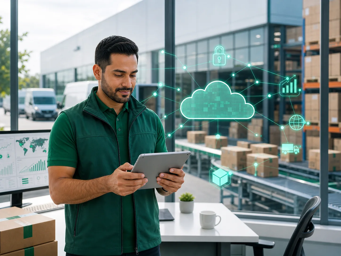 Operations engineer reviewing cloud-connected logistics infrastructure in a bright control room