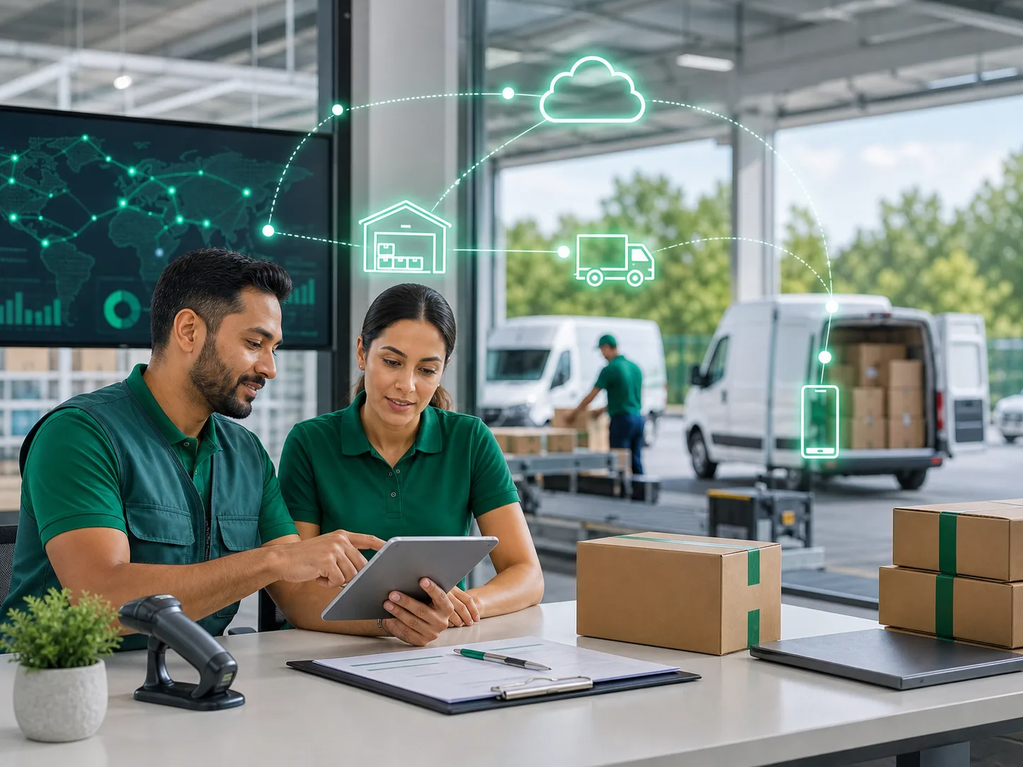 Logistics team modernizing warehouse workflows with tablets and scanners