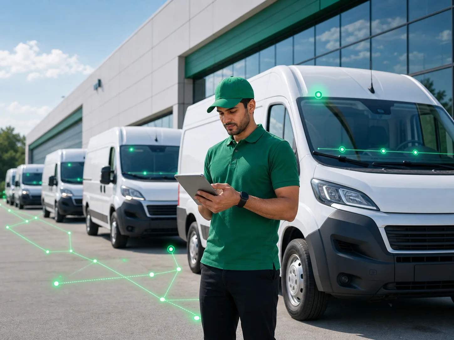 Fleet manager reviewing vehicle intelligence beside white delivery vans