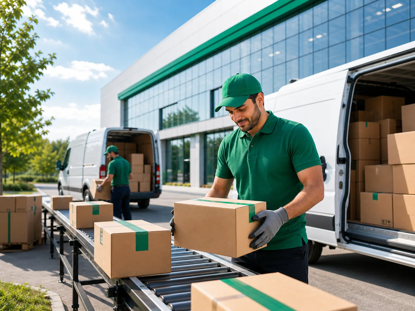 Couriers moving parcels at a sunny modern logistics facility with white delivery vans