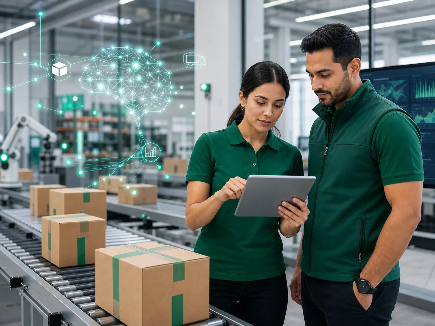 Data specialist and operations lead reviewing machine learning insights for parcel flow