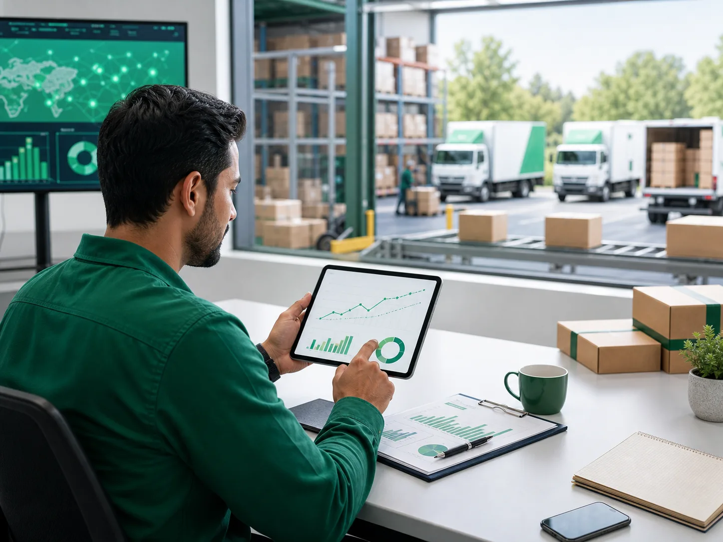 Logistics planner reviewing predictive inventory analytics near warehouse dispatch lanes