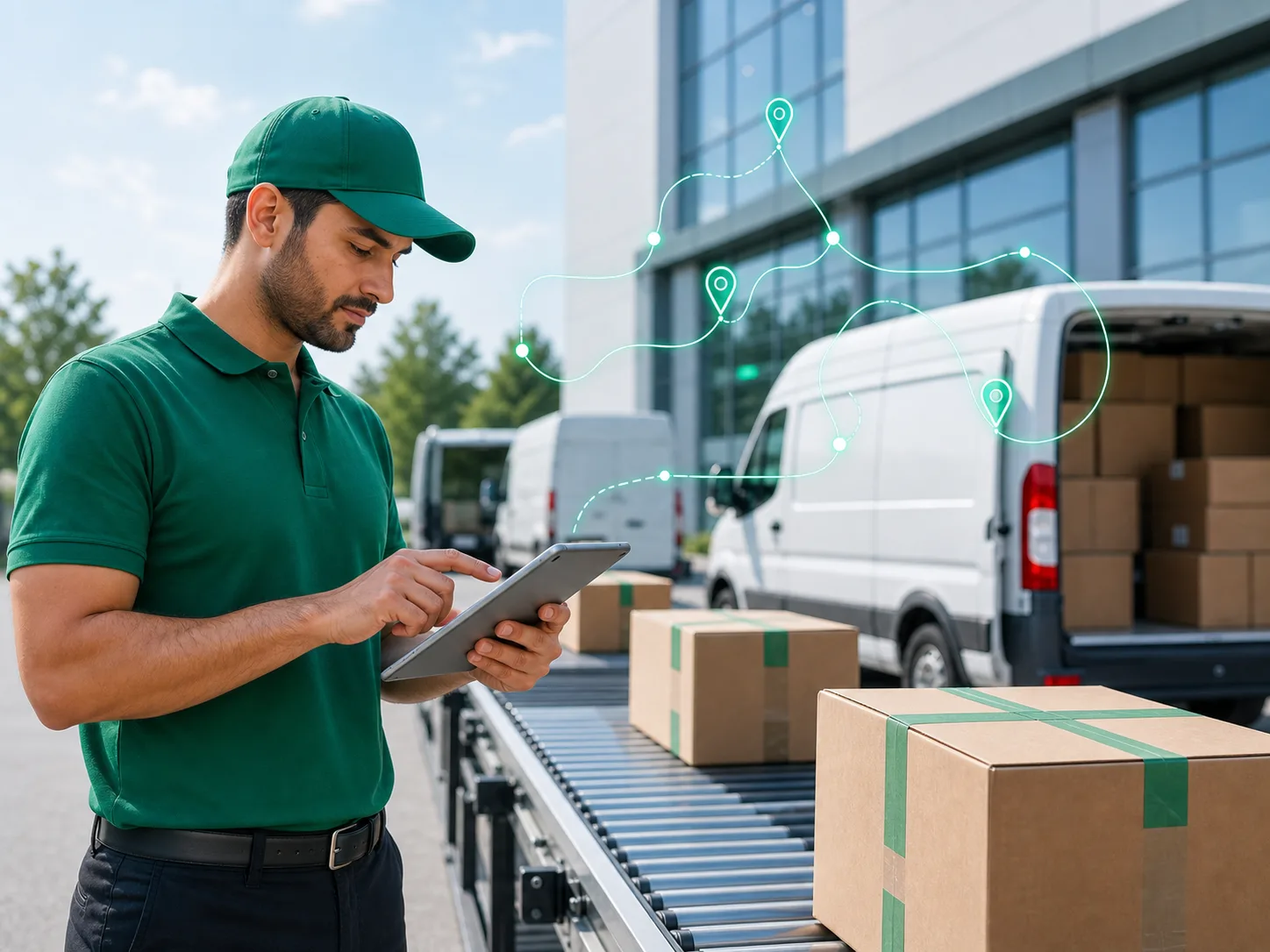 Courier reviewing optimized delivery routes beside parcels and a white van