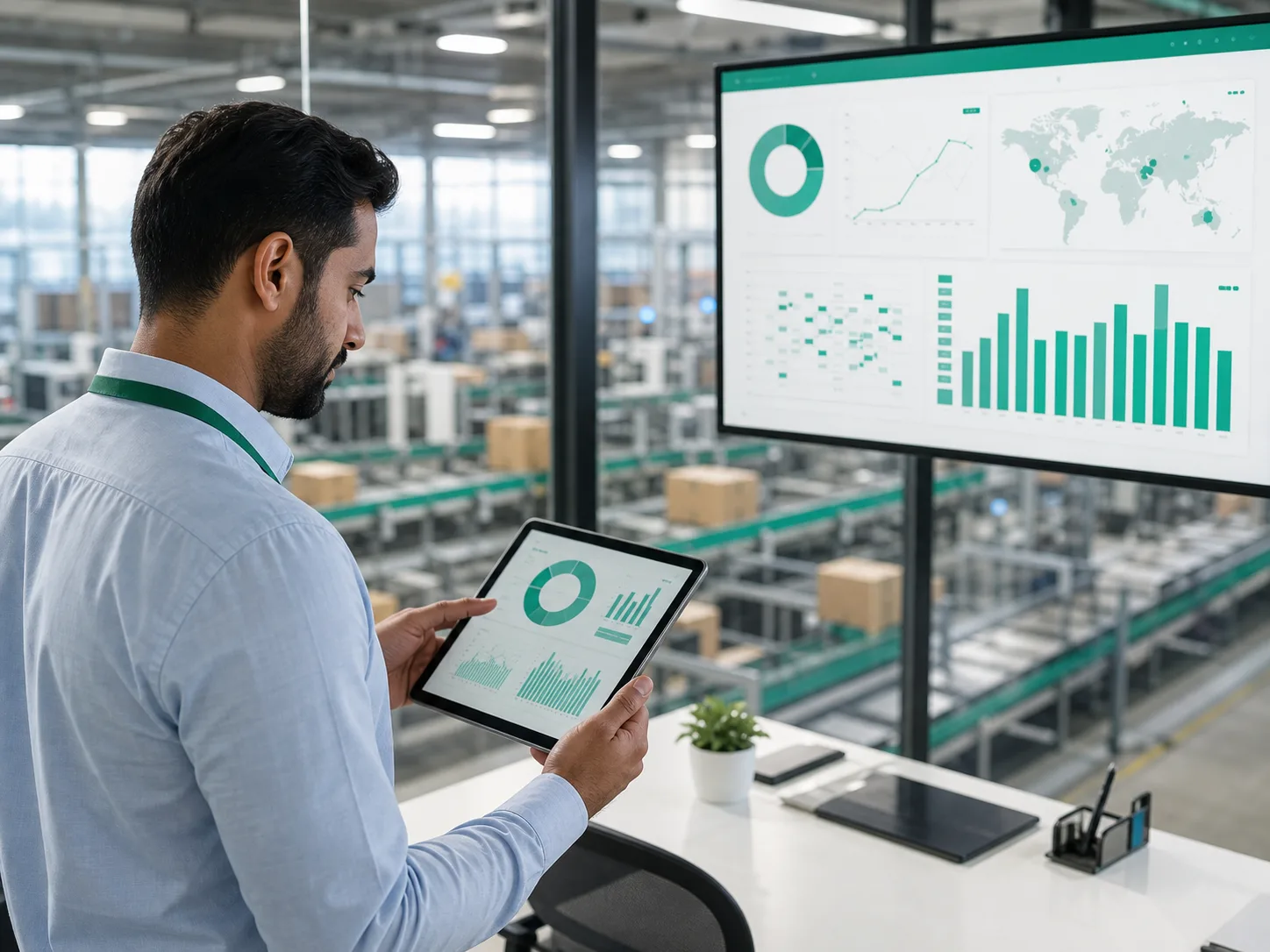 Supply chain analyst reviewing logistics analytics in a bright operations room
