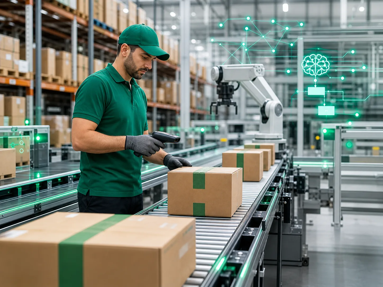 Warehouse associate scanning parcels on an automated conveyor with emerald status lights