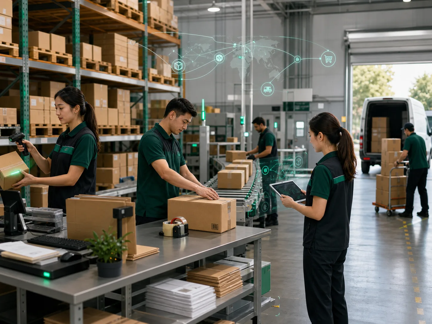 E-commerce fulfillment workflow from inventory scanning to delivery