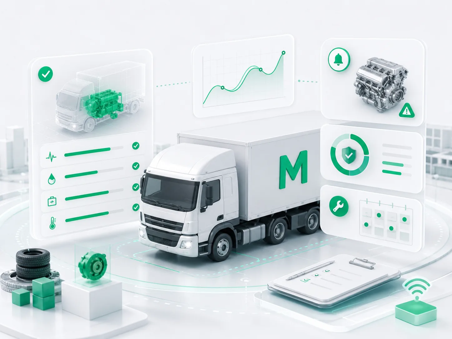 Makzom vehicle health monitoring, predictive maintenance, and safety alerts around a connected truck