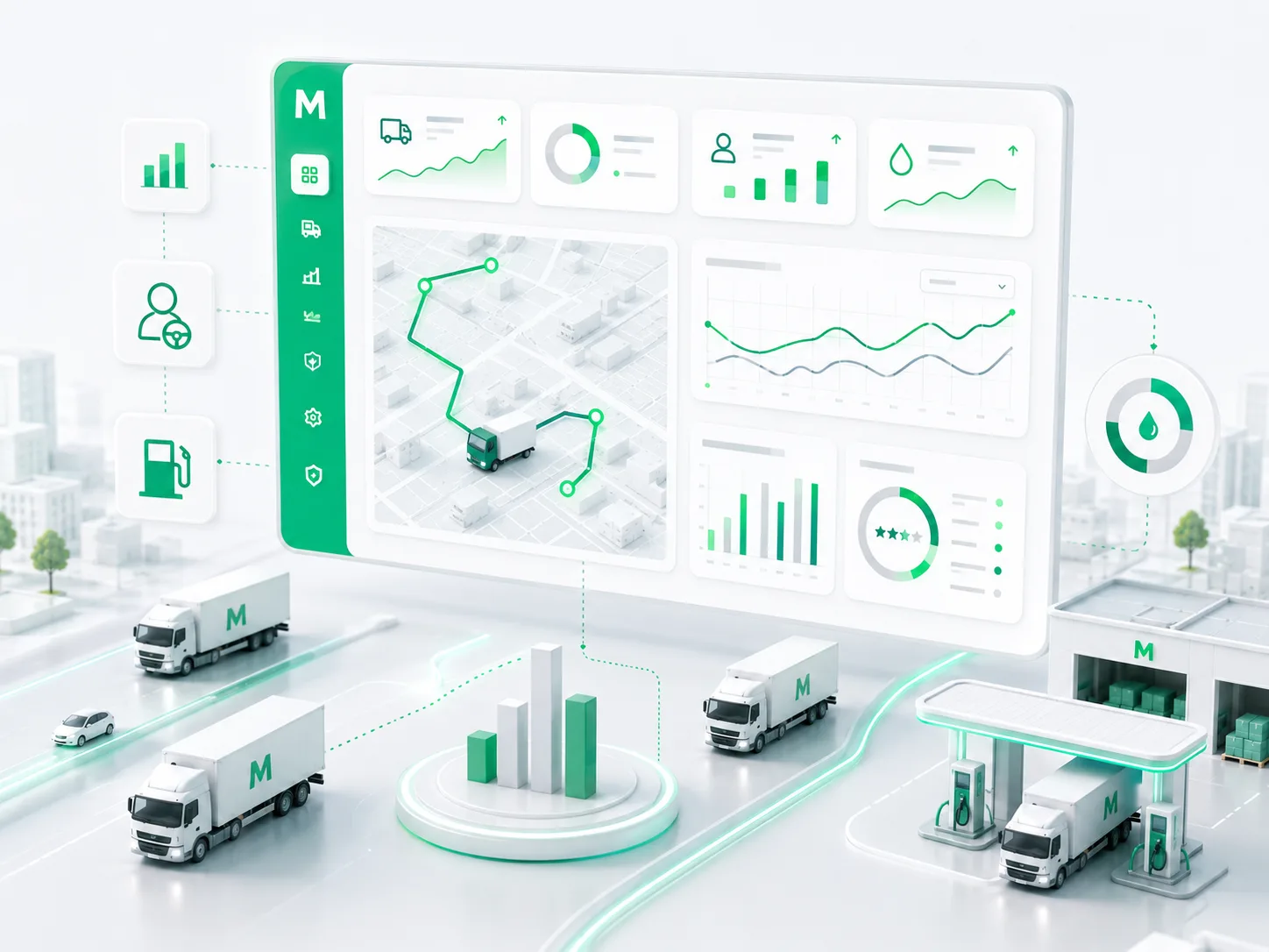 Makzom unified fleet control dashboard with live route map, performance charts, driver analytics, and fuel efficiency metrics