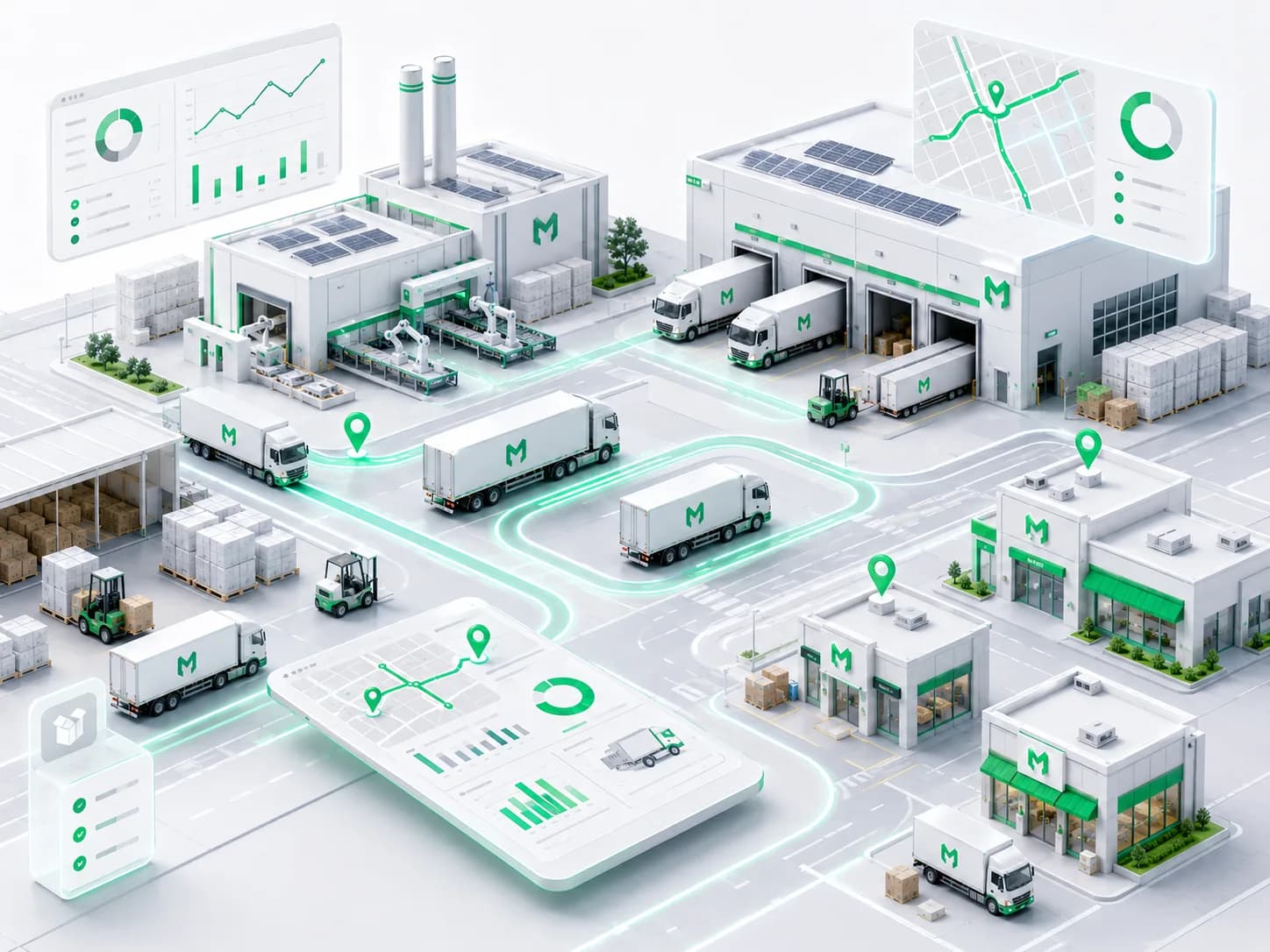 Makzom Fleet Intelligence connected ecosystem — trucks, warehouses, factories, and live dashboards linked across the city