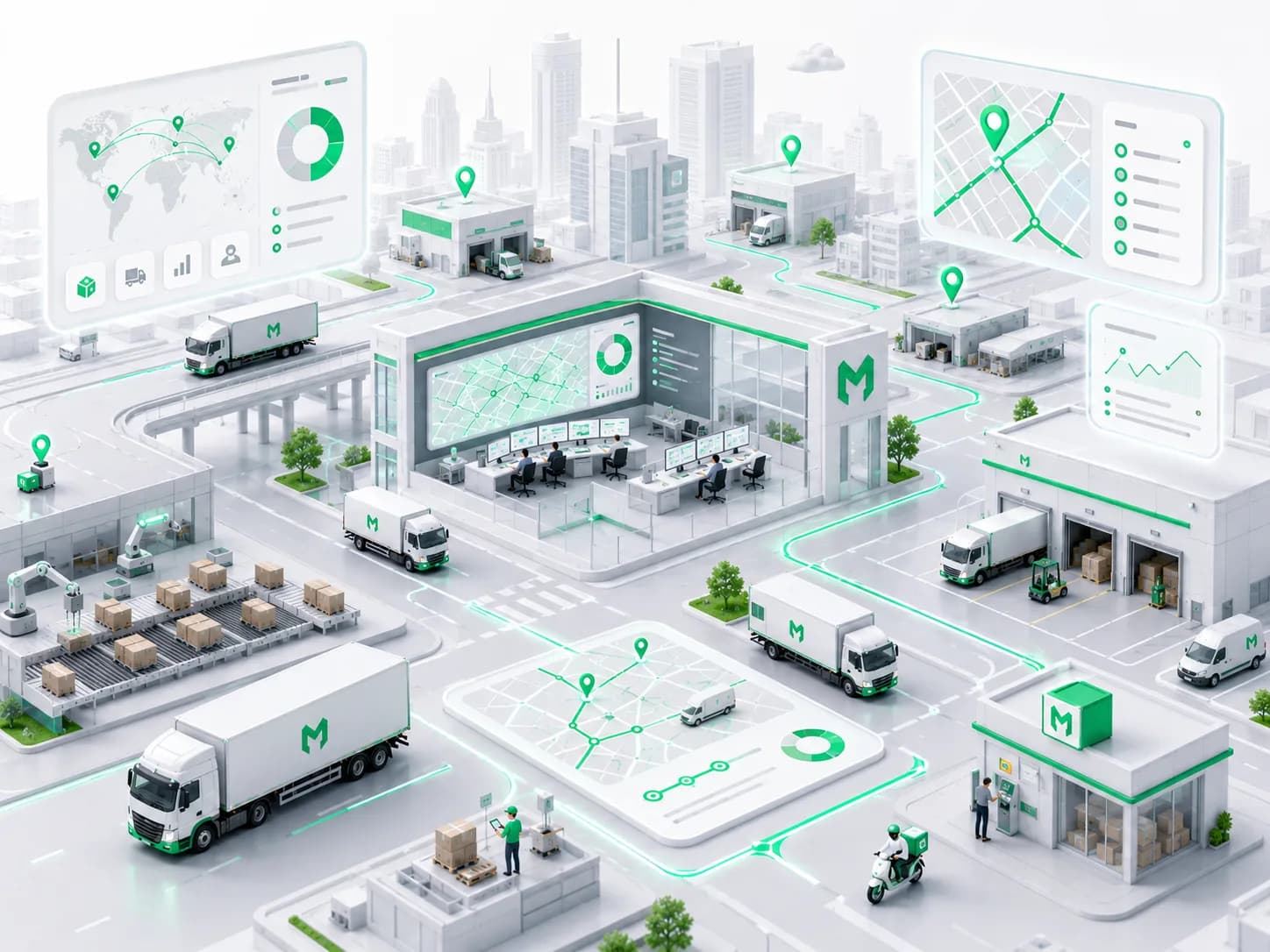 Makzom connected logistics network with a central fleet control center coordinating trucks, warehouses, and live route tracking across the city