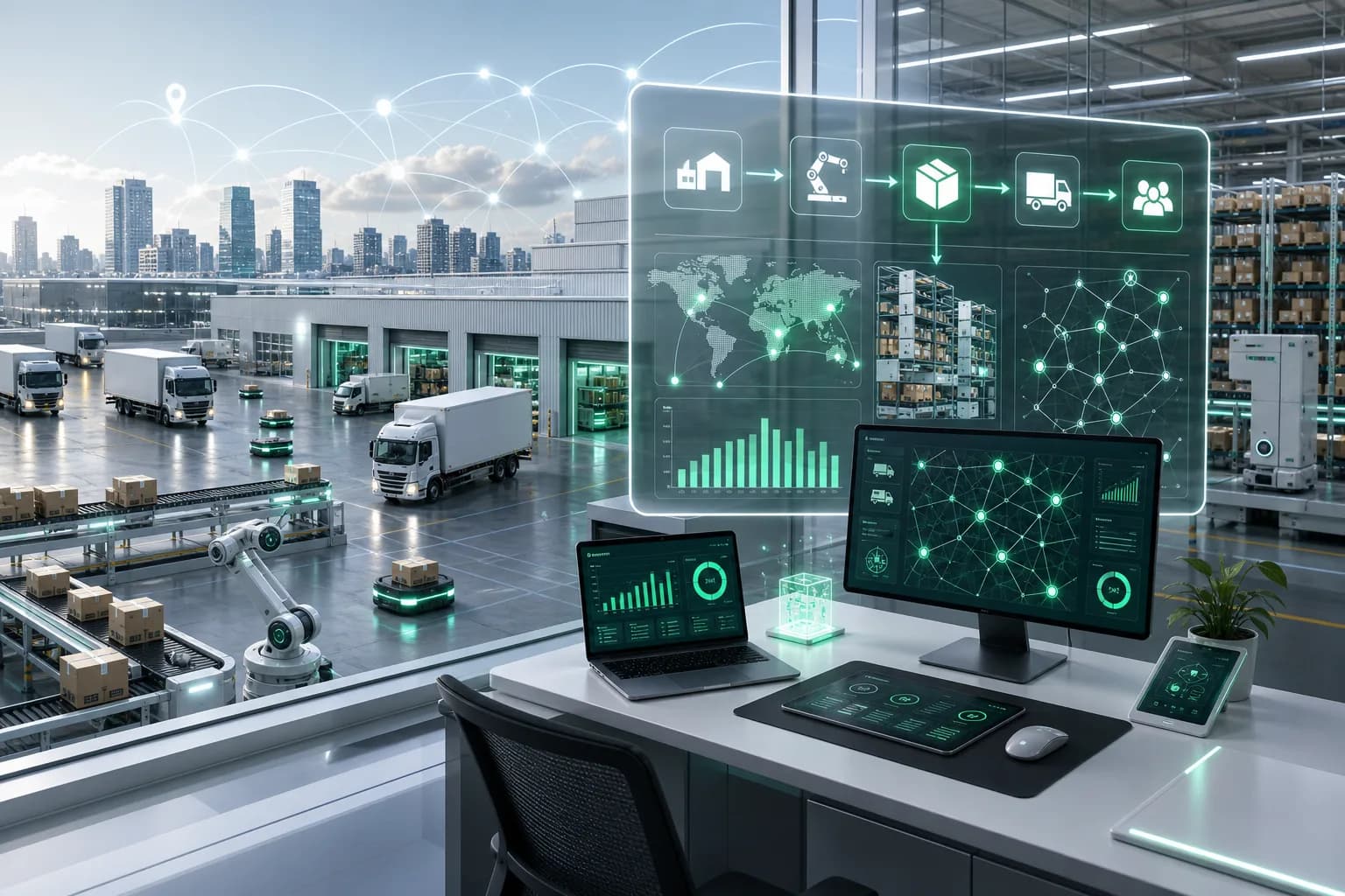 Smart logistics command center with trucks, warehouse automation, and live analytics