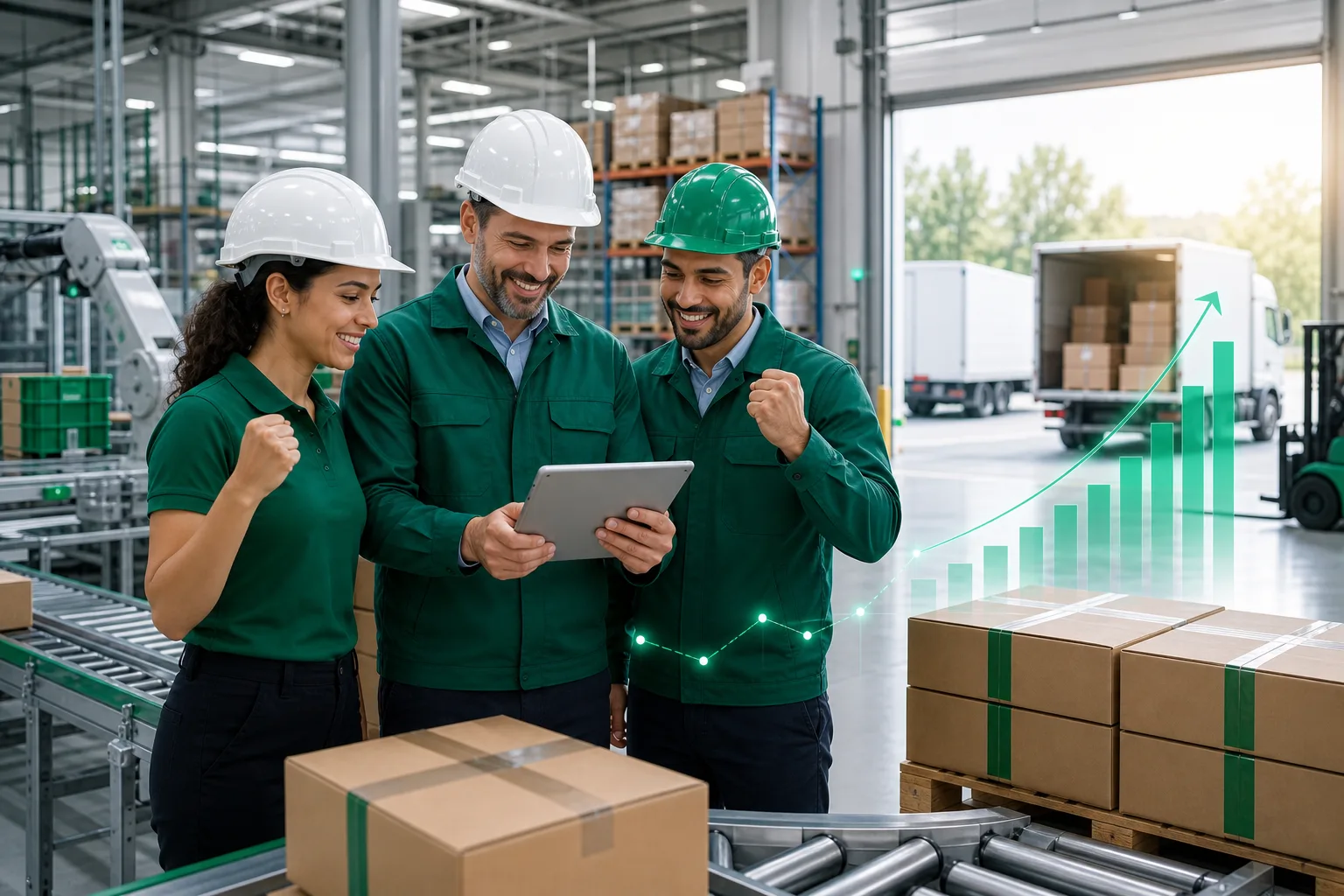 Manufacturing team reviewing improved production and logistics performance