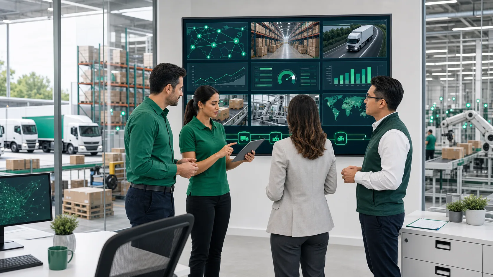 Manufacturing operations team reviewing AI logistics solution modules