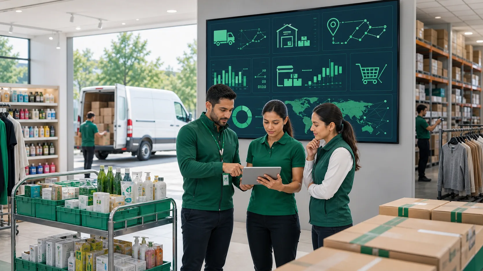 Retail operations team reviewing AI logistics solution modules