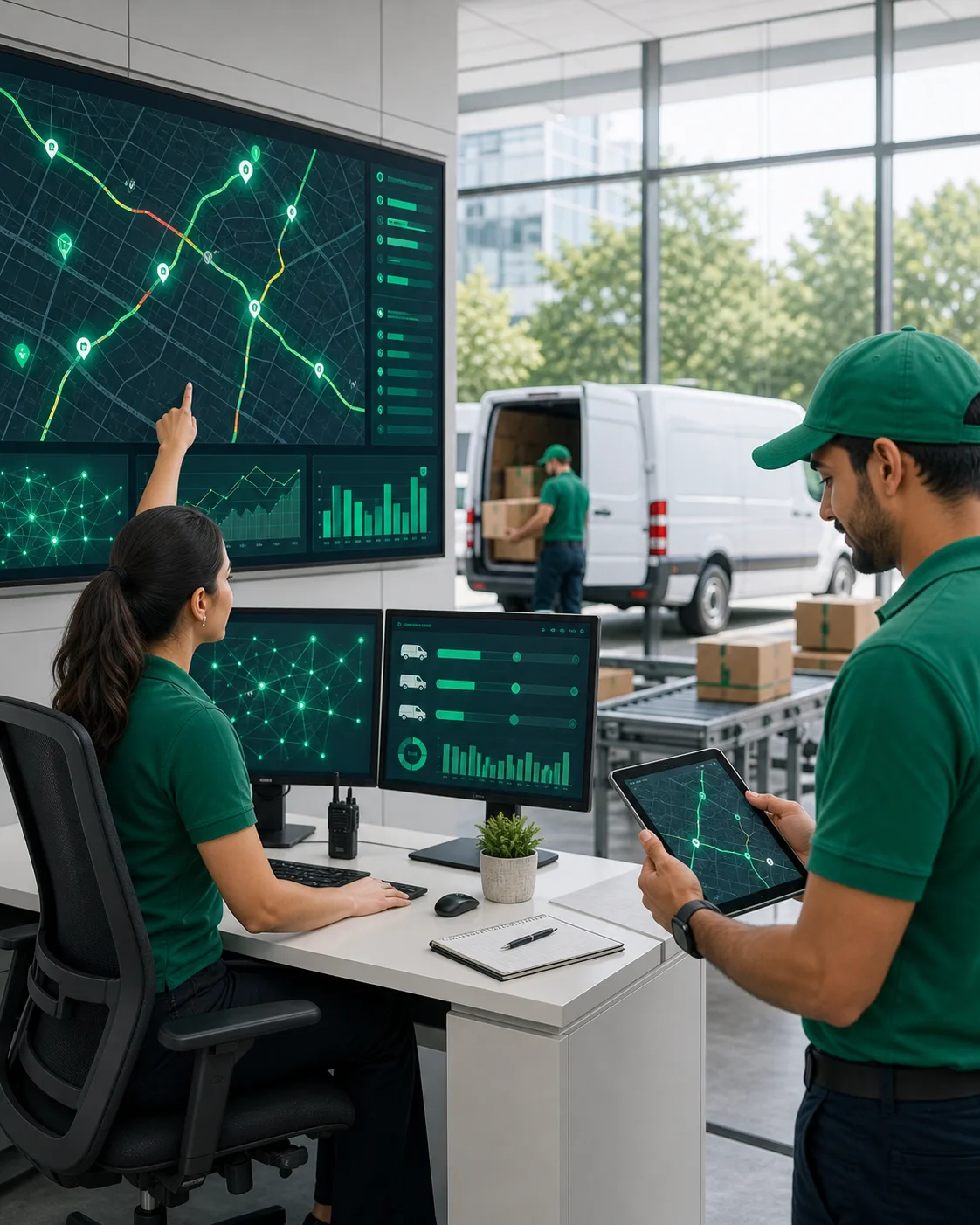 Route optimization dispatch team monitoring real-time traffic and route changes