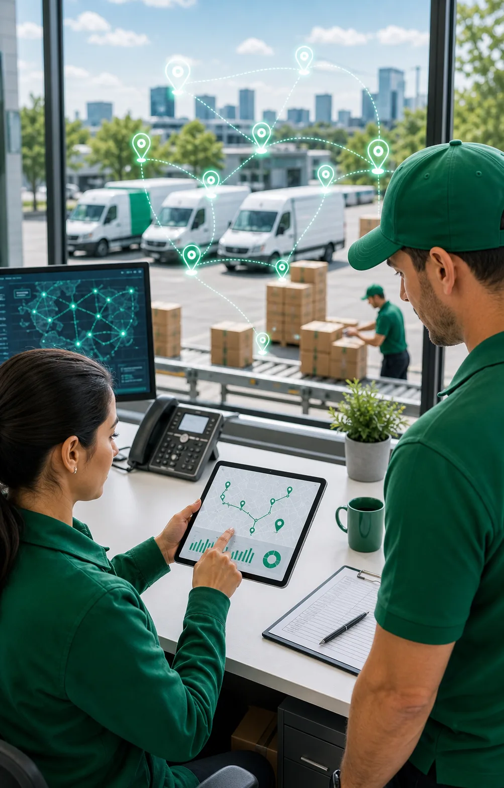 Dispatcher and driver reviewing optimized delivery routes in a bright logistics office