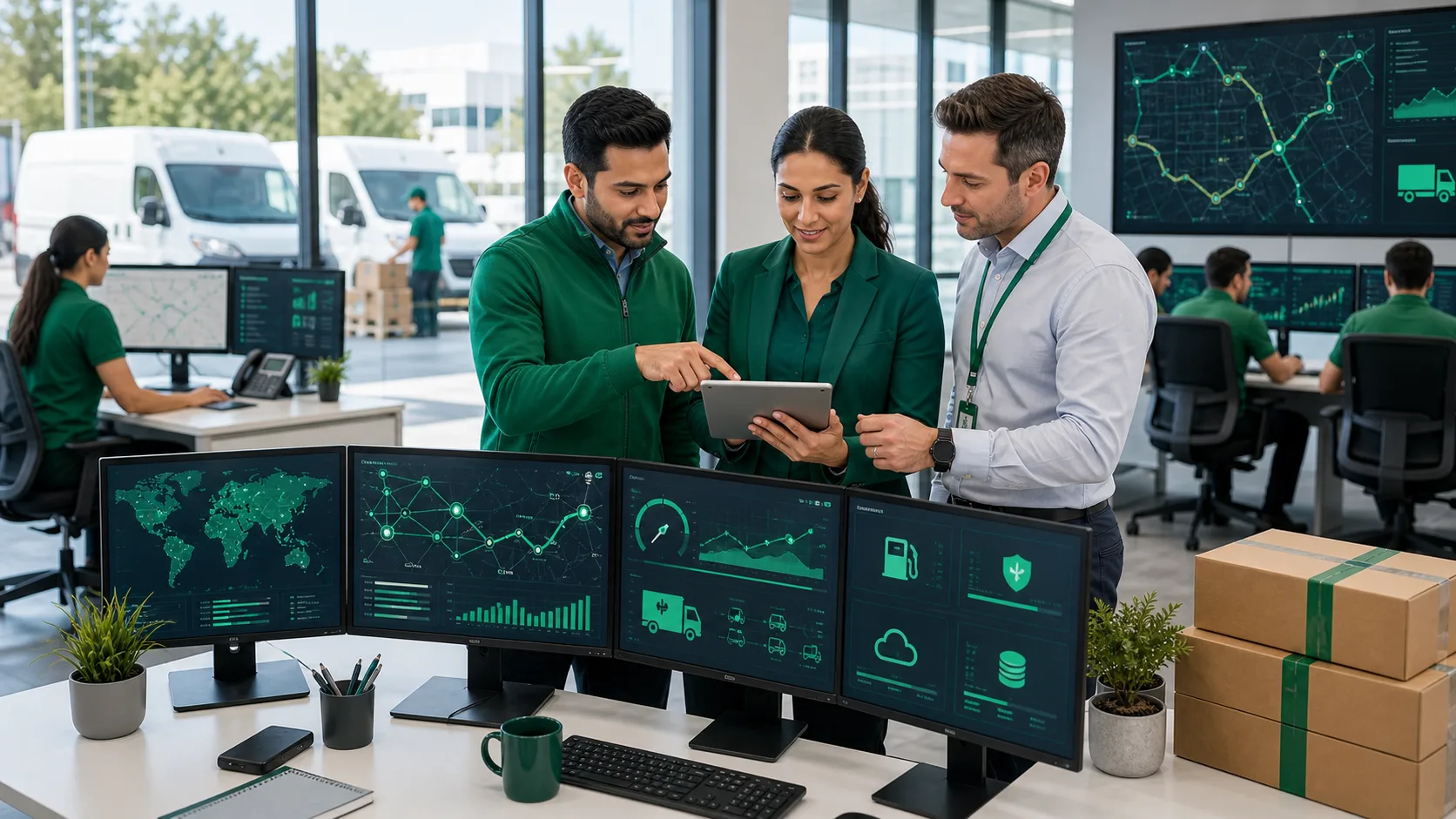 Logistics leadership team reviewing AI route optimization performance