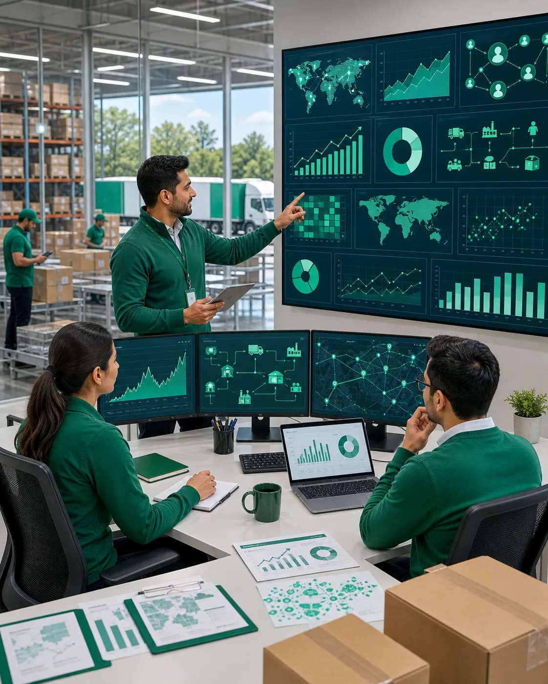 Analytics team reviewing supply chain capabilities across inventory suppliers and distribution