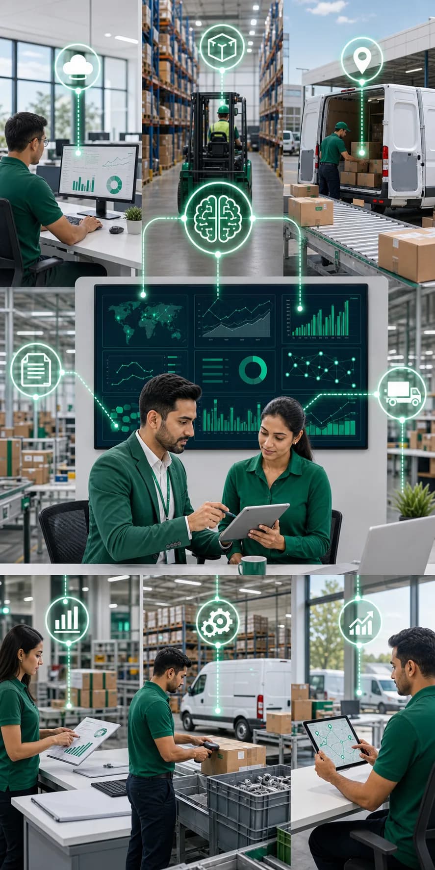 Supply chain analytics workflow from connected systems to AI recommendations