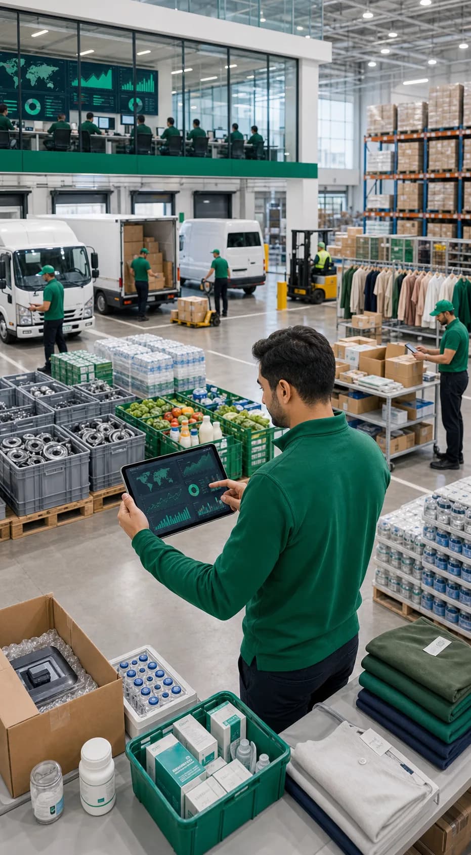 Multi-industry supply chain hub with analytics across inventory and distribution zones