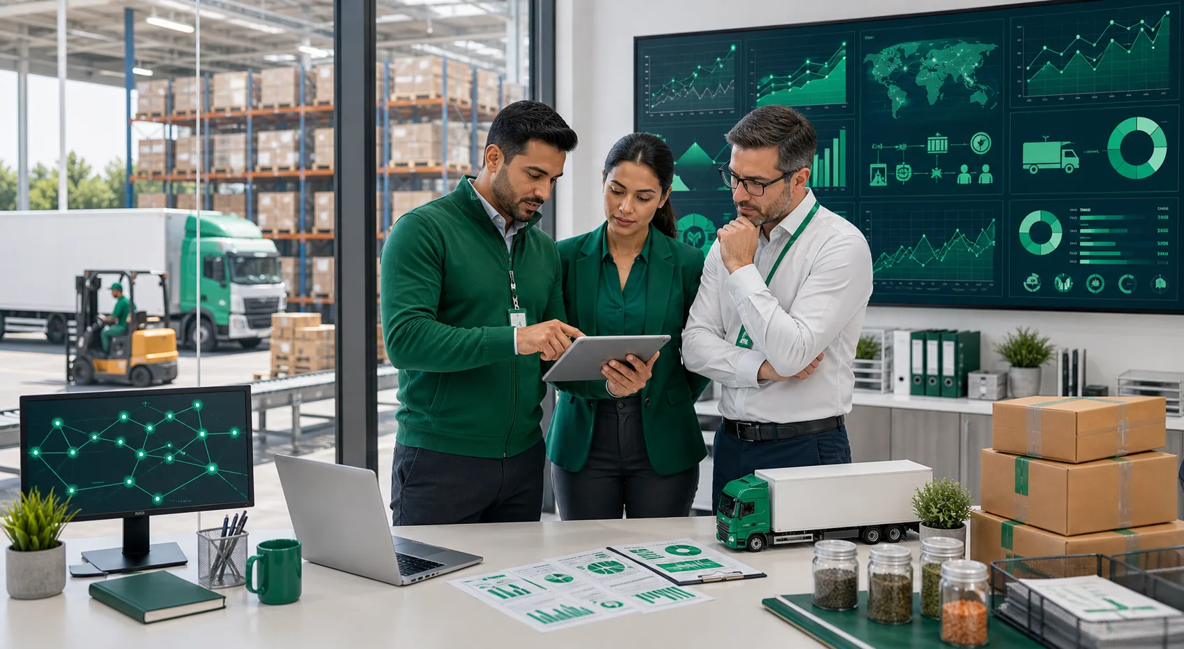 Executive operations team reviewing AI-powered supply chain analytics