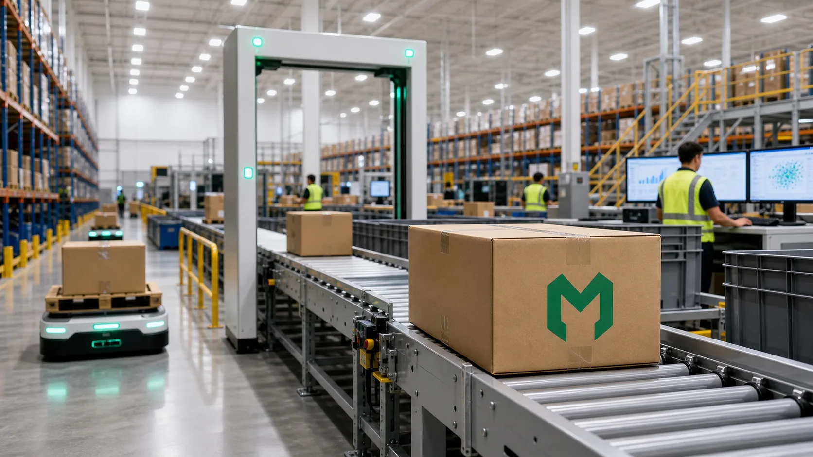 Makzom Warehouse AI benefits with a branded parcel moving through an automated warehouse workflow